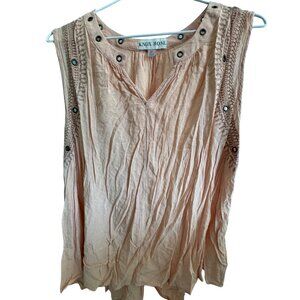 Knox Rose tan sleeveless eyelet top with embroidery XL